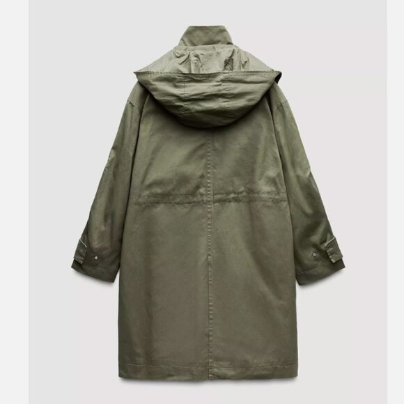 Women's Zara Khaki Green Hooded Parka Trench Coat Size M - Picture 4 of 13